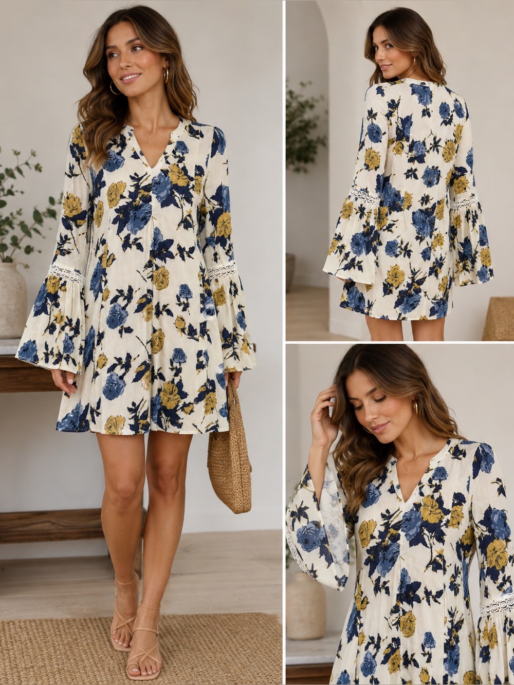 Altar'd State Oatmeal Floral Button-Top with Lace Navy and Mustard Accents Boho